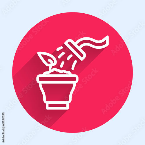 White line Spraying a house plant with a spray gun icon isolated with long shadow. Moistening of foliage. Care for home flowers. Red circle button. Vector