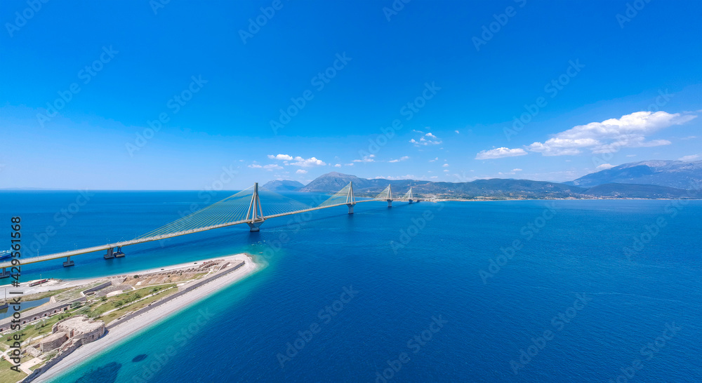 Aerial view of Rio Antirrio or Charilaos Trikoupis Bridge near Patra City, Greece