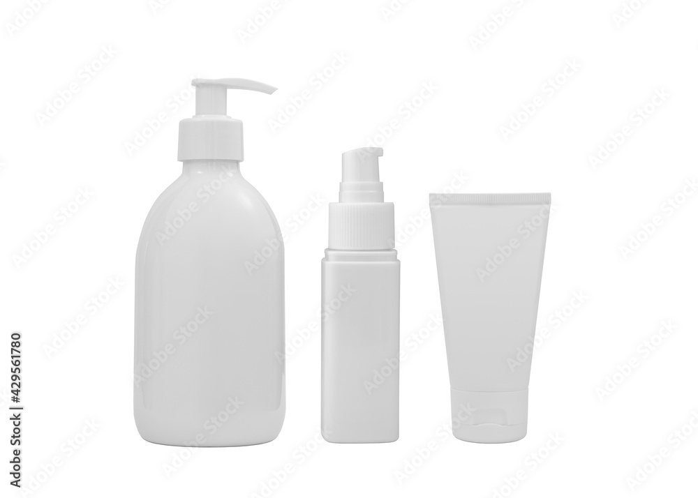 Set of cosmetic bottles with pump dispenser and cream tube isolated on white background. Beauty products packaging mock up. White plastic cosmetic containers. Set of cosmetic bottles with pump dispenser and cream tube isolated on white background. Beauty products packaging mock up. White plastic cosmetic containers.