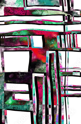 Abstract stripy artistic background with creative geometric shapes stripes, lines and shabby brush strokes effect.