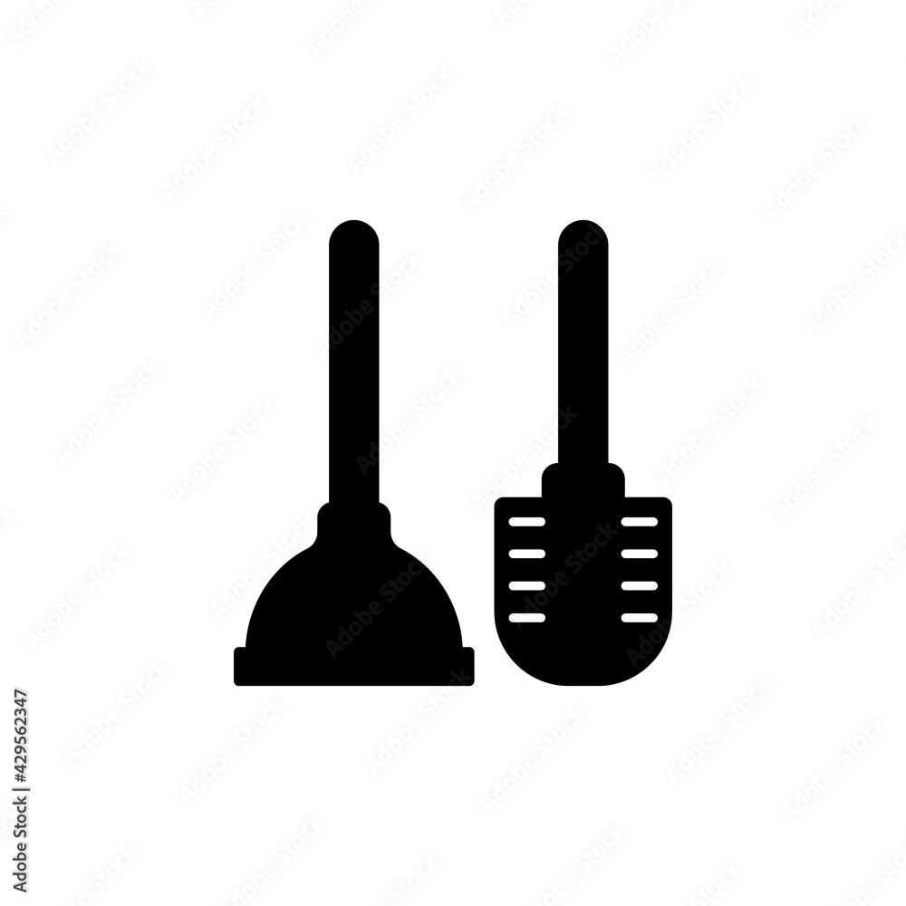 Naklejka premium Brush and plunger icon in solid black flat shape glyph icon, isolated on white background