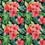 Tropical palm leaves, hibiscus flowers on an isolated background. Watercolor illustration, seamless pattern