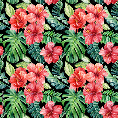 Tropical palm leaves  hibiscus flowers on an isolated background. Watercolor illustration  seamless pattern