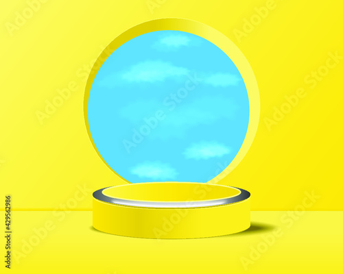 Yellow podium and minimal cloud scene. Stage products podium platform 3d sky display
