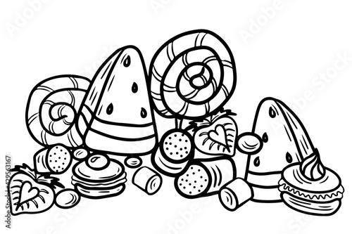 Coloring page with cake, cupcake, candy and other dessert with berry