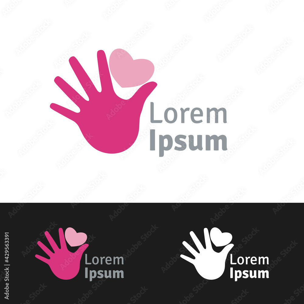 Pink hand and heart shape graphic logo template vector illustration. Charity, help and aid conceptual symbol. Sample text on separate layer. Pink hand and heart shape graphic logo template vector illustration. Charity, help and aid conceptual symbol. Sample text on separate layer.