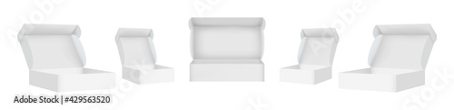 White box mockup set. Realistic open cardboard boxes, small and large
