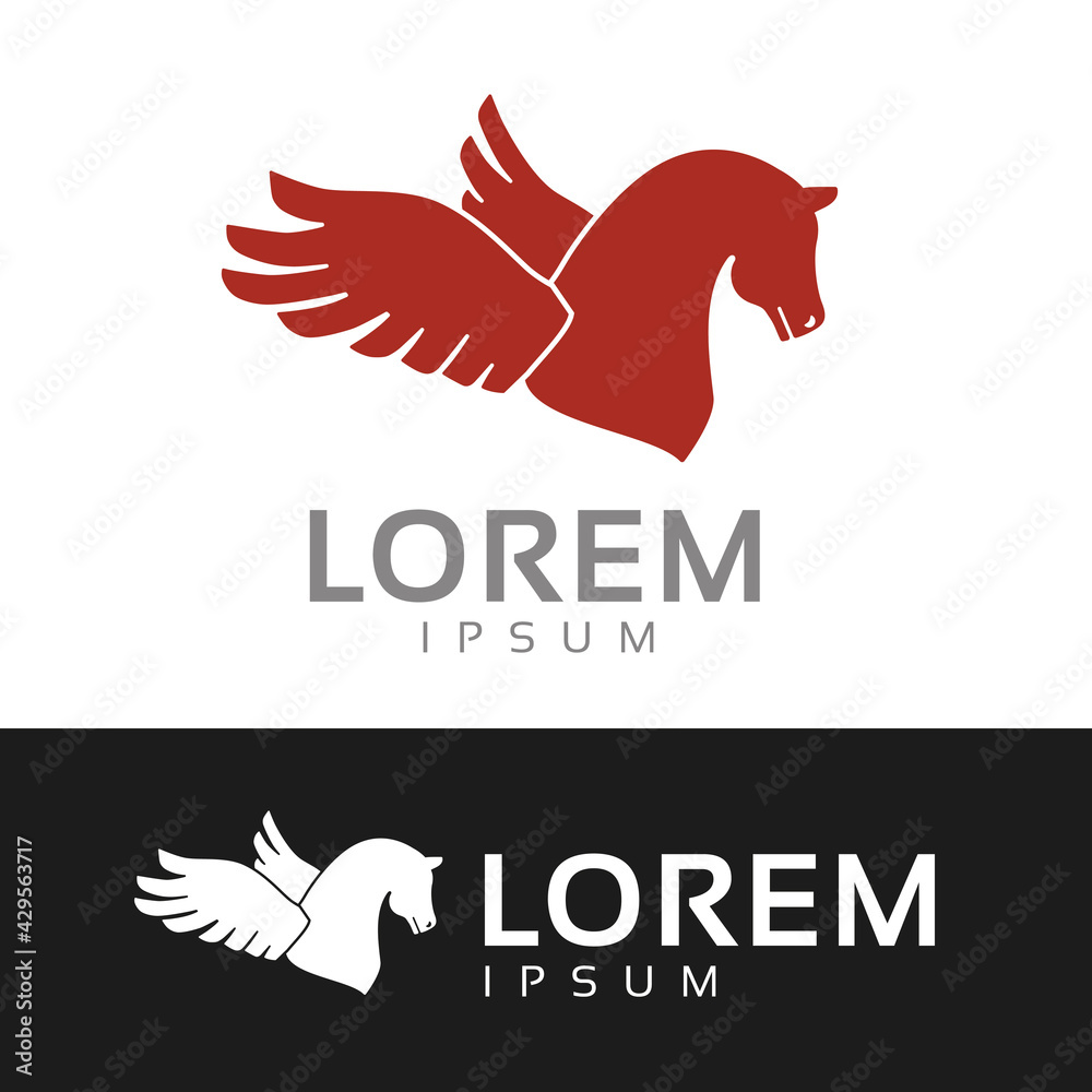 Mythological winged horse Pegasus company logo template vector illustration. Sample text on