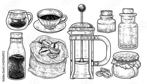 Sketch vector set of coffee maker tools. Cups, Instant Coffee Bottle, Coffee beans in a bag, french press and Bottles Hand drawn illustration