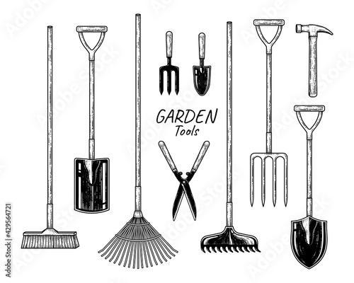 Sketch vector set of gardening tools. Broom, Spade, Fan rake, Fork, Trowel, Hedge shears, Bow Rake, Pitch fork, Hammer and Shovel Hand drawn illustration