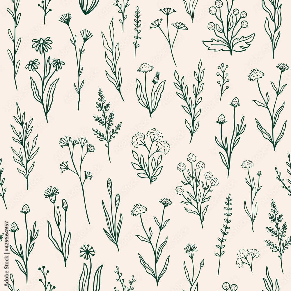 Wildflower seamless pattern with outline florals. Retro style print design with hand drawn doodle flowers in rustic colors. Simple field floral patterns for packaging, fabric design Wildflower seamless pattern with outline florals. Retro style print design with hand drawn doodle flowers in rustic colors. Simple field floral patterns for packaging, fabric design