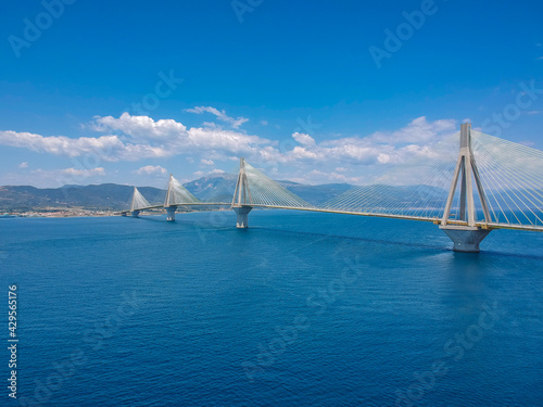 Aerial view of Rio Antirrio or Charilaos Trikoupis Bridge near Patra City, Greece