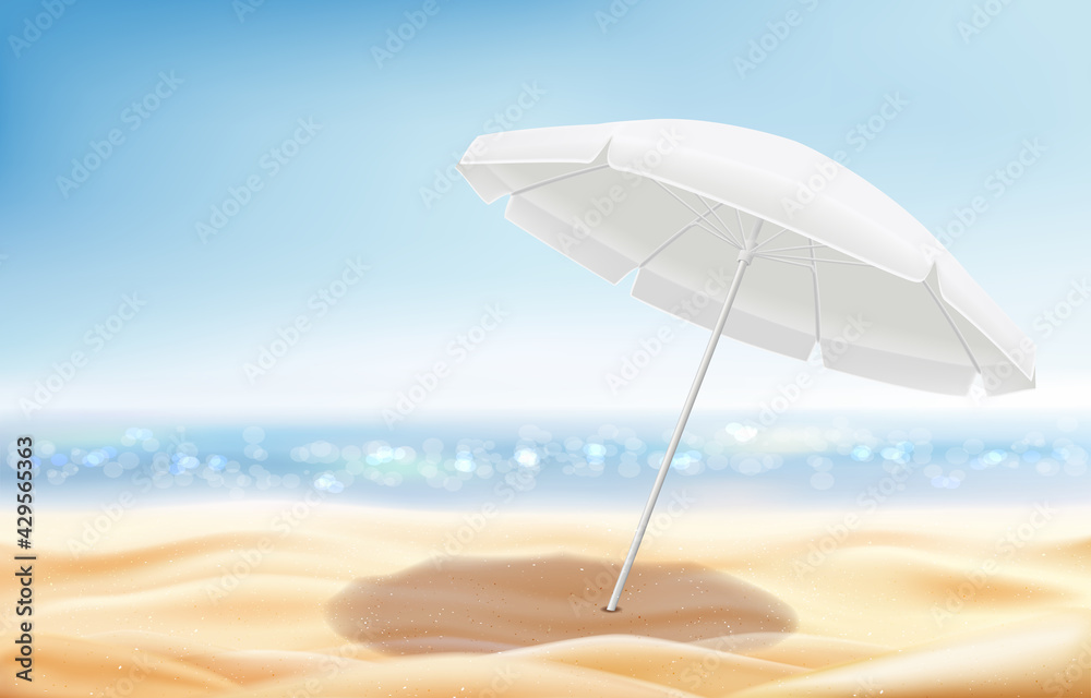 Summer seascape, sunny sandy beach with umbrella, sky, sand and sea water. Vector.
