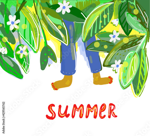 Summer joy background for banner or card with nature leaves and foots - vector graphic illustration
