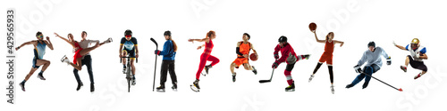 Collage of 9 different professional sportsmen, fit people in action and motion isolated on white background. Flyer.