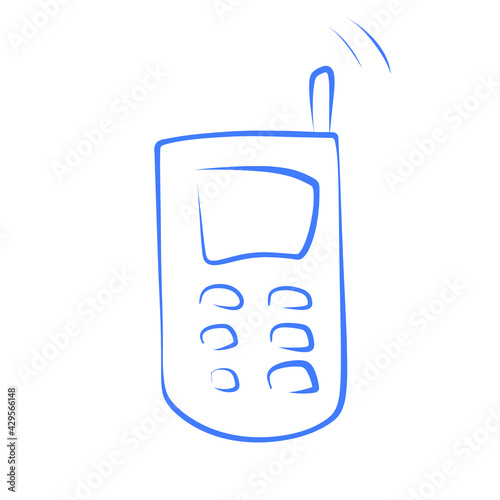 Vector mobile phone clip art in doodle style. Blue ringing cellphone illustration isolated on white background.
