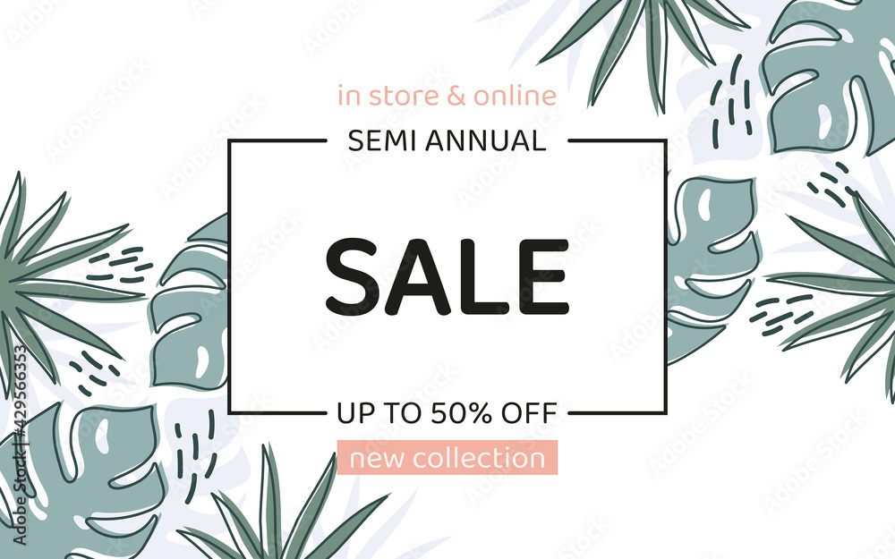 Sale poster template with decorative palm leaves and monstera. Trendy discount social media post, mobile store apps, banners design. Vector minimalistic illustration.
