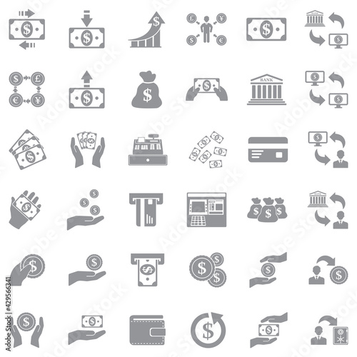 Money Transaction Icons. Gray Flat Design. Vector Illustration.