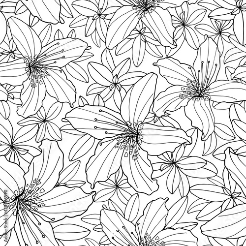Outline floral vector seamless pattern. Black and white Rhododendron and Lily flower. Hand drawn flowers and leaves contour background for textile, coloring book, greeting card, print, fashion design