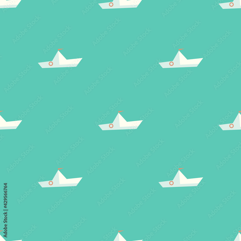 Vector flat design seamless pattern: simple small white boats in calm deep blue sea. For textile, wrapping paper, wallpaper, scrapbooking. Mood of summer travel and vacations. Vector flat design seamless pattern: simple small white boats in calm deep blue sea. For textile, wrapping paper, wallpaper, scrapbooking. Mood of summer travel and vacations.