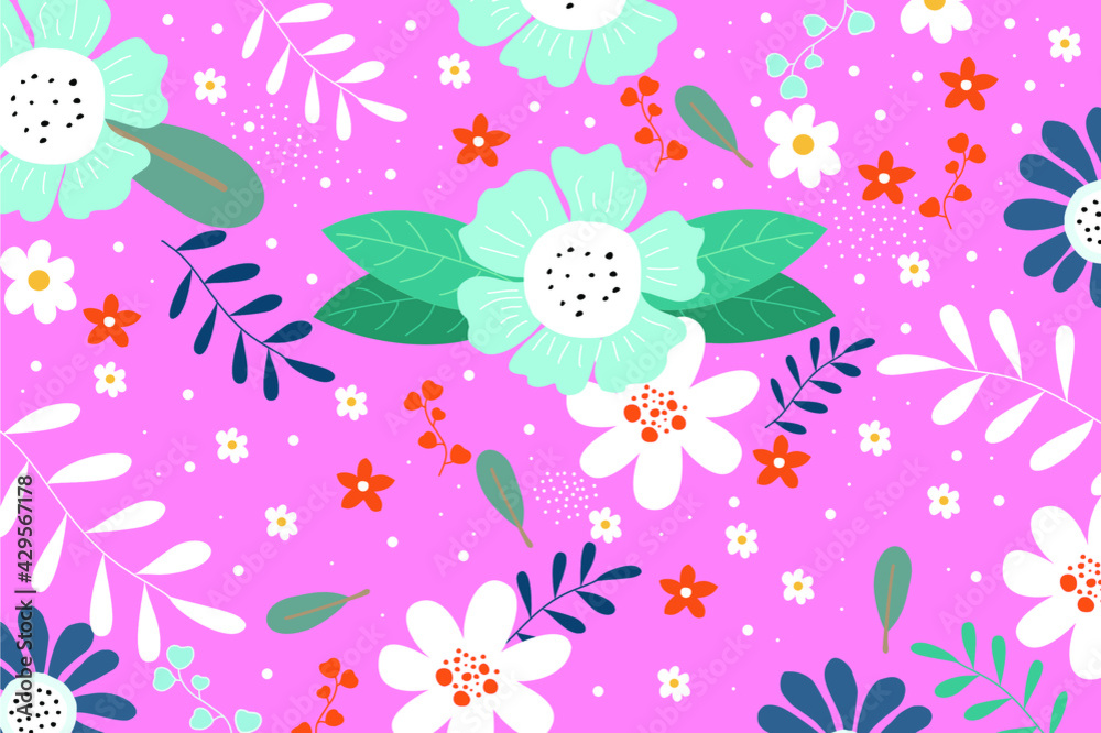 Flowers in garden, plants, botanical, vector designs seamless patterns for fashion fabric wallpaper and prints all on pink background Cute little flower pattern, small colorful flowers Flowers in garden, plants, botanical, vector designs seamless patterns for fashion fabric wallpaper and prints all on pink background Cute little flower pattern, small colorful flowers