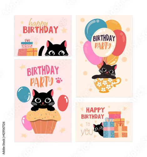Set of happy birthday greeting card and party invitation with black cat