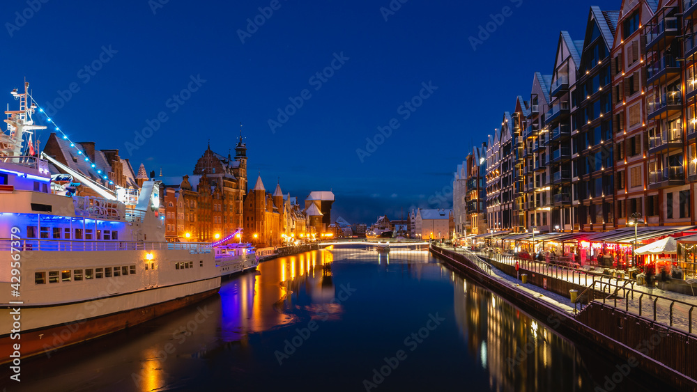 Panoramic view of Motlawa River in Old Town of Gdansk. Poland. Europe.