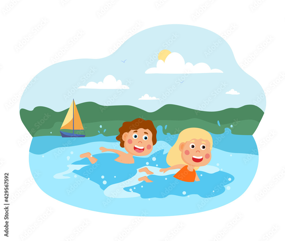 Two happy little kids are swimming in the sea