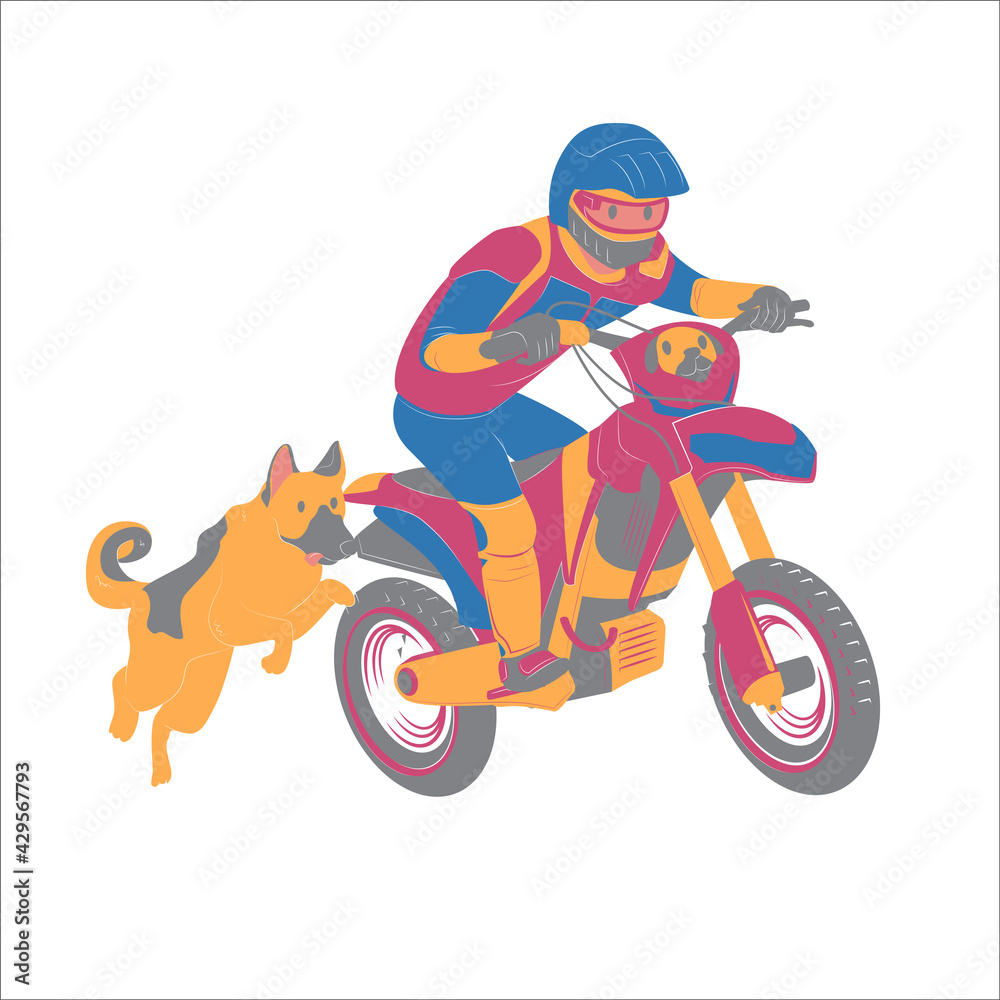 The man run motorcross with his puppy German Shepherd dog, wearing protective gear prevent accident, extreme sports activity ourdoor style, flat vector illustration on white background. The man run motorcross with his puppy German Shepherd dog, wearing protective gear prevent accident, extreme sports activity ourdoor style, flat vector illustration on white background.