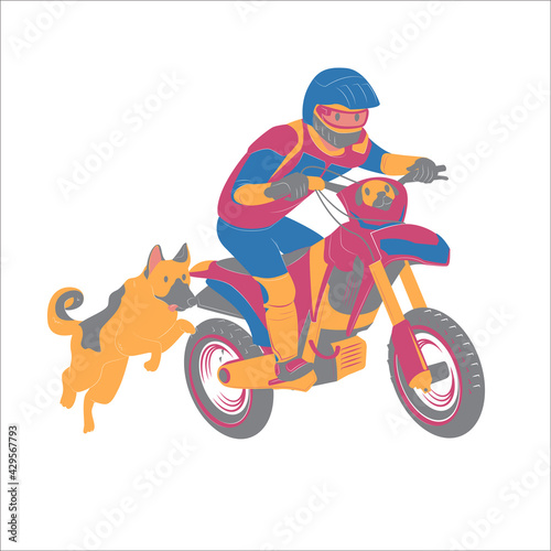 The man run motorcross with his puppy German Shepherd dog, wearing protective gear prevent accident, extreme sports activity ourdoor style, flat vector illustration on white background.