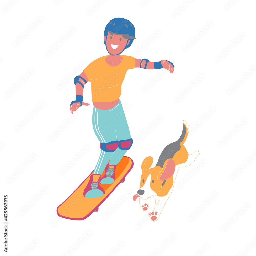 The boy run skateboarding with his puppy beagle dog, wearing protective gear prevent accident, sports activity ourdoor style, flat vector illustration on white background. The boy run skateboarding with his puppy beagle dog, wearing protective gear prevent accident, sports activity ourdoor style, flat vector illustration on white background.