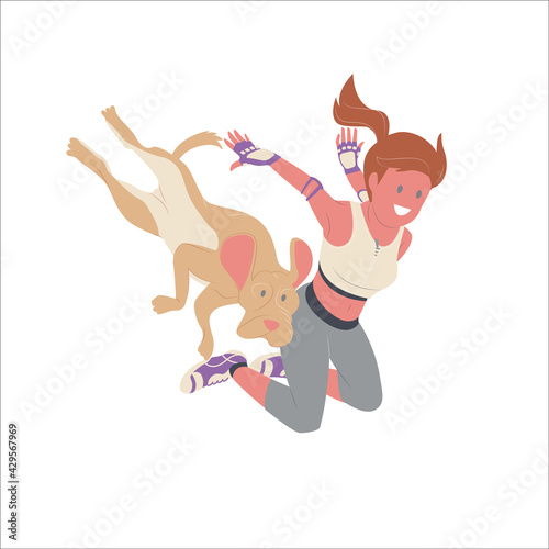 The parkour girl fly with her puppy Dogue de Bordeaux, jumping with sportswear, extreme sports activity ourdoor style.