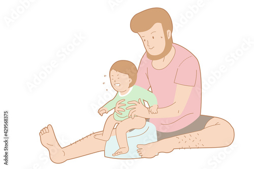 Father and his child in activity, sense of tenderness of children development, father try to teach his child how to use potty