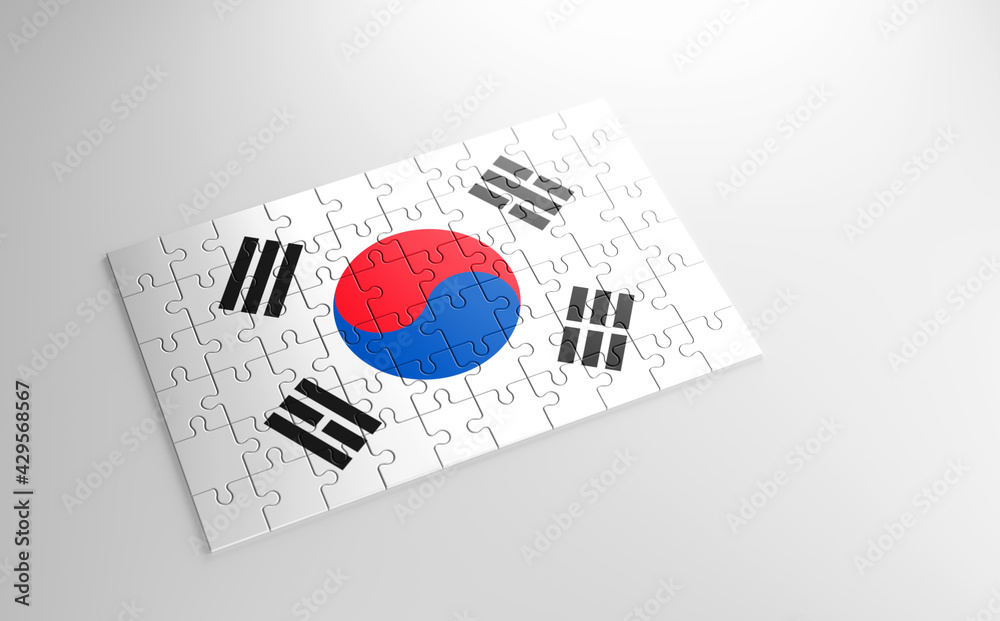 Fototapeta premium A jigsaw puzzle with a print of the flag of South Korea, pieces of the puzzle isolated on white background. Fulfillment and perfection concept. Symbol of national integrity. 3D illustration.