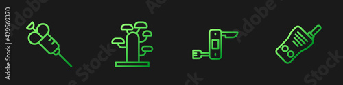 Set line Swiss army knife, Syringe, African tree and Walkie talkie. Gradient color icons. Vector
