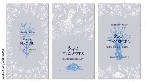 Hand drawn flax vertical design. Vector illustration in sketch style for linen seeds and oil packaging