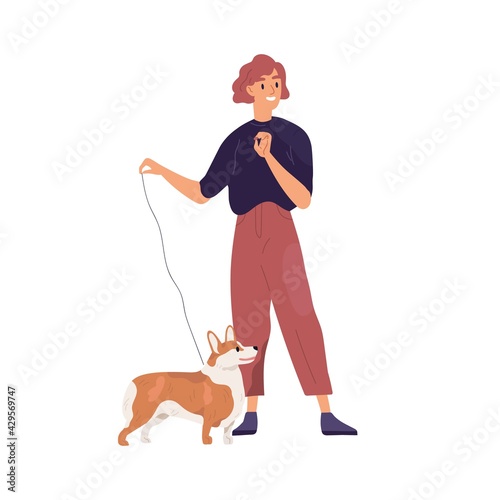 Happy pet owner standing with her small dog on leash. Young woman and short-legged doggy of Corgi breed. Flat vector illustration of female character and cute puppy isolated on white background