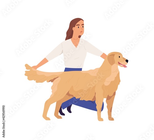 Person presenting golden Retriever. Young woman showing her dog. Doggy standing with tongue hanging out and its owner. Flat vector illustration of human with pet isolated on white background