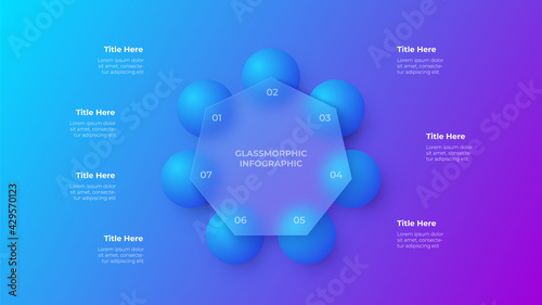 Glassmorphism heptagon infographic concept with 3d geometric shapes. Frosted glass effect. Illustration on blurred gradient vector background photo