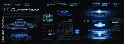 Innovative futuristic HUD user interface with holograms and portals. Digital holographic user panel with HUD, GUI, UI elements