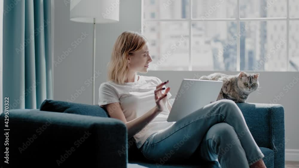 Woman with large tablet and funny grey cat sit on blue couch Woman with large tablet and funny grey cat sit on blue couch