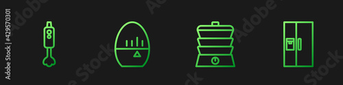 Set line Slow cooker, Blender, Kitchen timer and Refrigerator. Gradient color icons. Vector