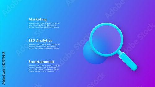 Glassmorphism concept with 3d magnifier icon. Frosted glass effect. Illustration on blurred gradient vector background