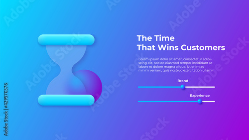 Glassmorphism concept with 3d hourglass icon. Frosted glass effect. Illustration on blurred gradient vector background