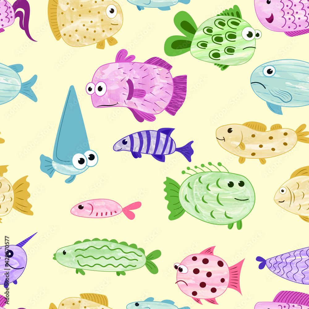 pattern with colorful fish on a yellow background