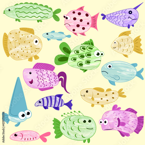 Set with colorful fish on a yellow background 