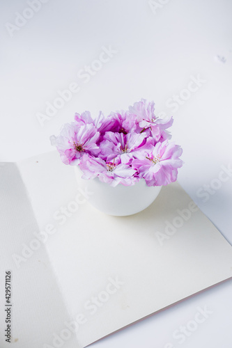 Spring flowers in a cup with card, send a birthday, mother`s day message to your mother, friends, father or a celebration