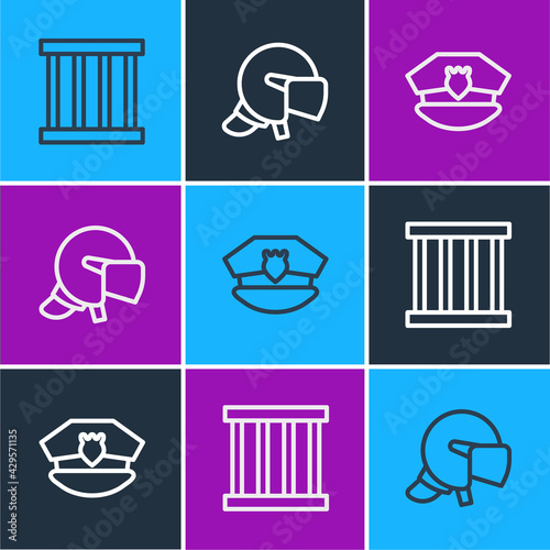 Set line Prison window, Police cap with cockade and helmet icon. Vector