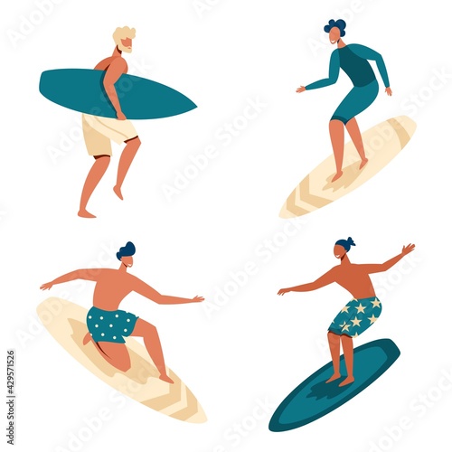 Vector set with people who surf. Young guys surfing. Extreme and summer sport. Flat illustration. 