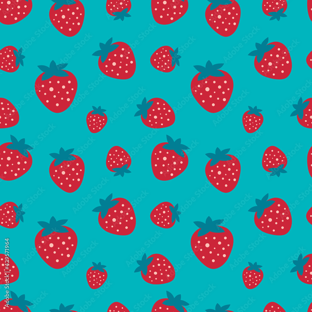 Strawberry berry on a blue background for printing on fabric, textiles, pillows. Modern cute childish seamless print. 